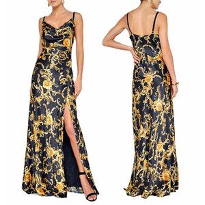 L'AGENCE Venice Baroque Silk-Satin Lace-Trim Cowlneck High Slit Gown sz 4 $750